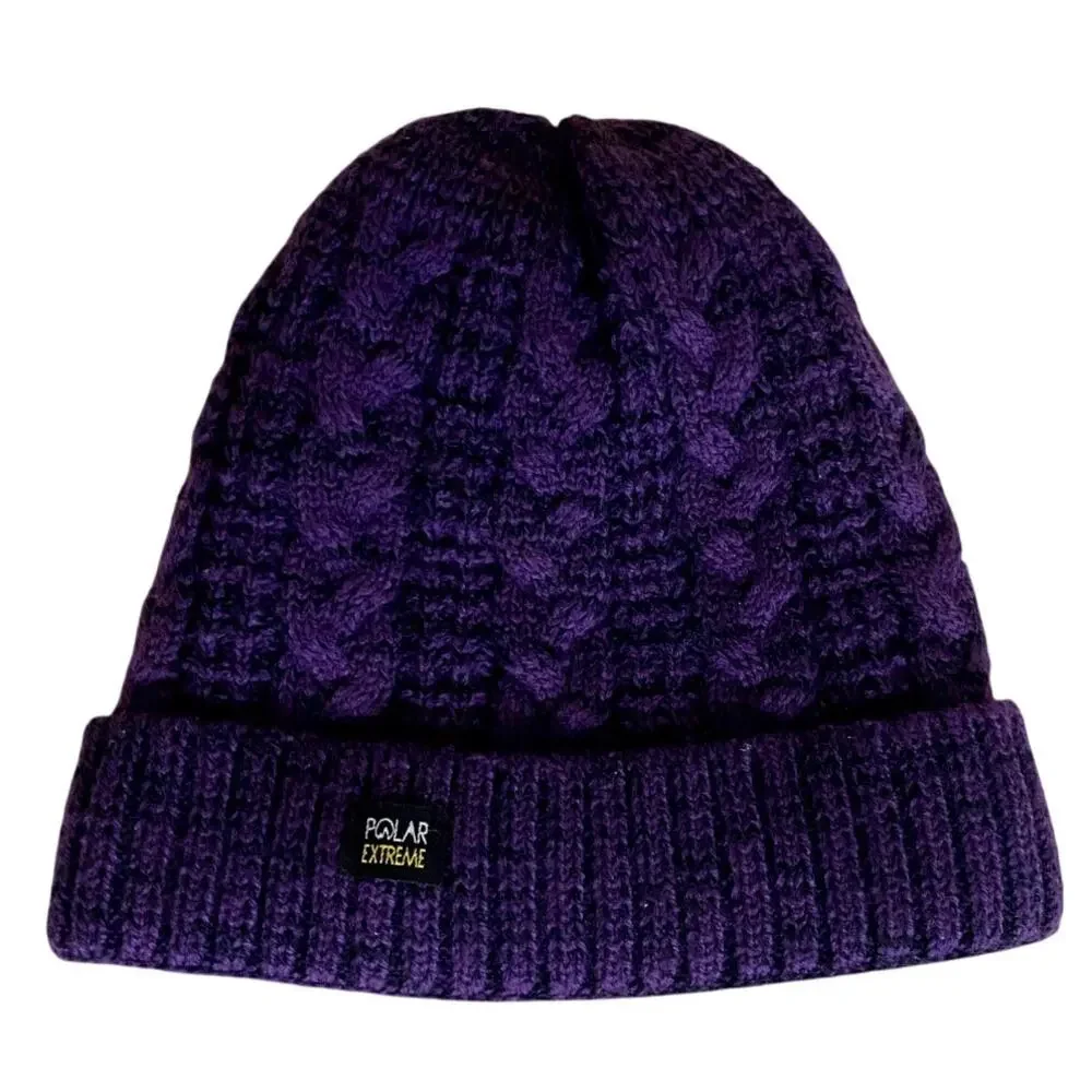 Polar Extreme Women's Cable Knit Beanie Hat OS Purple Black Fleece Lining